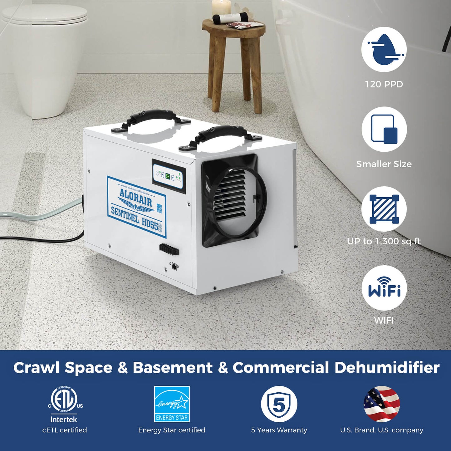 AlorAir® App Controlled Dehumidifier Removal 120PPD (Saturation), 55 Pint Dehumidifier for Basement, Crawl Space, 5 Years Warranty